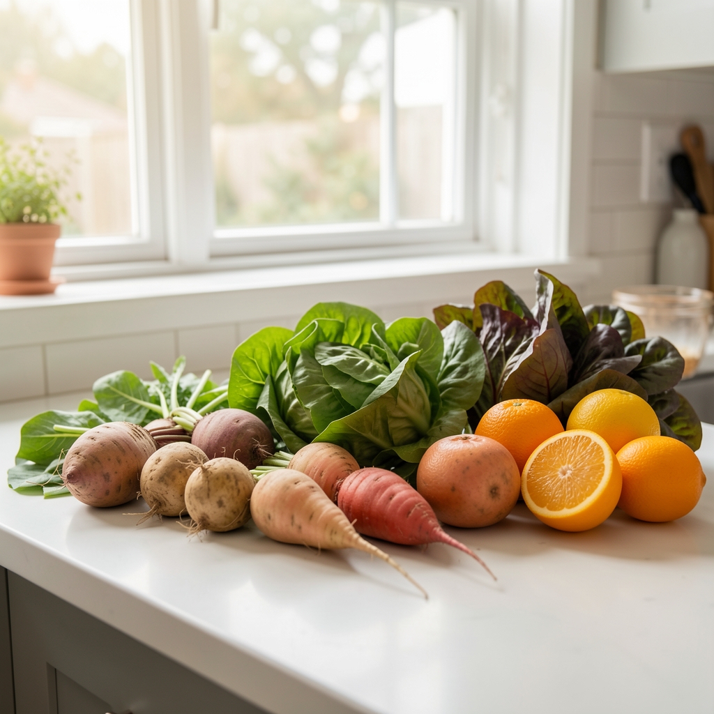 Fresh seasonal vegetables arranged on a clean kitchen counter including root vegetables, leafy greens, and citrus fruits in soft natural daylight through a window
